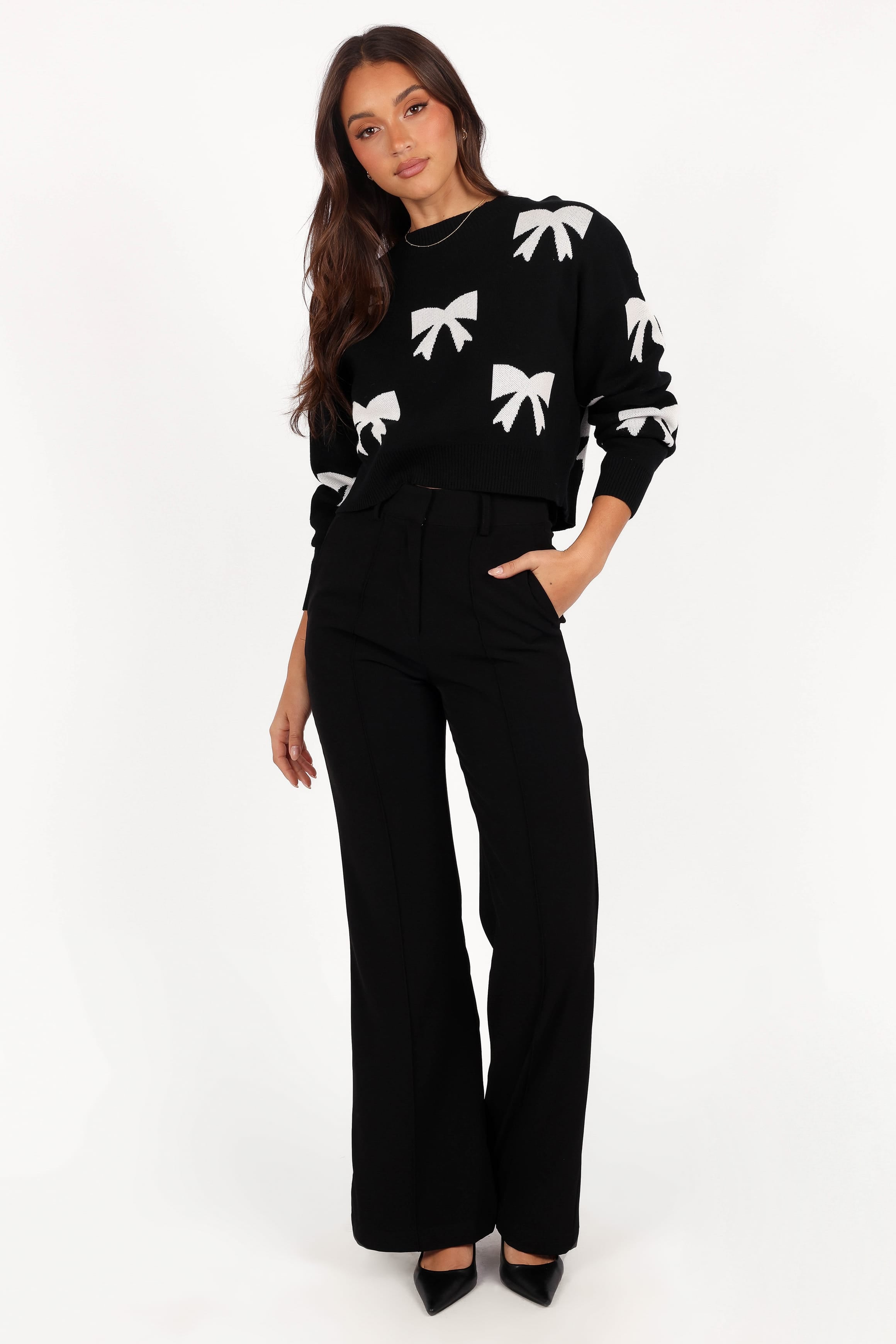 KNITWEAR Irene All Over Bow Knit Sweater - Black