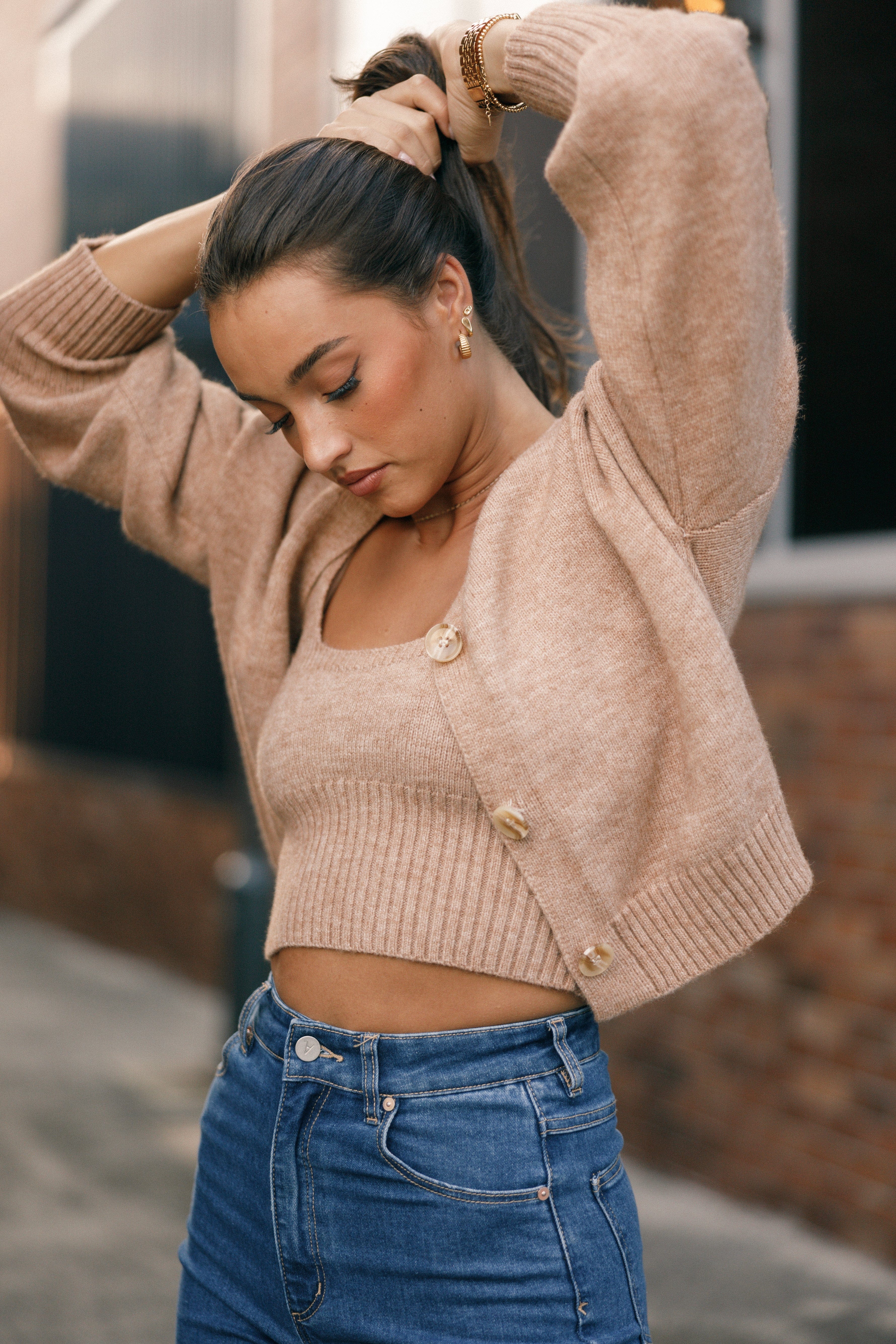 Isabel Button Front Cardigan - Beige | Petal & Pup