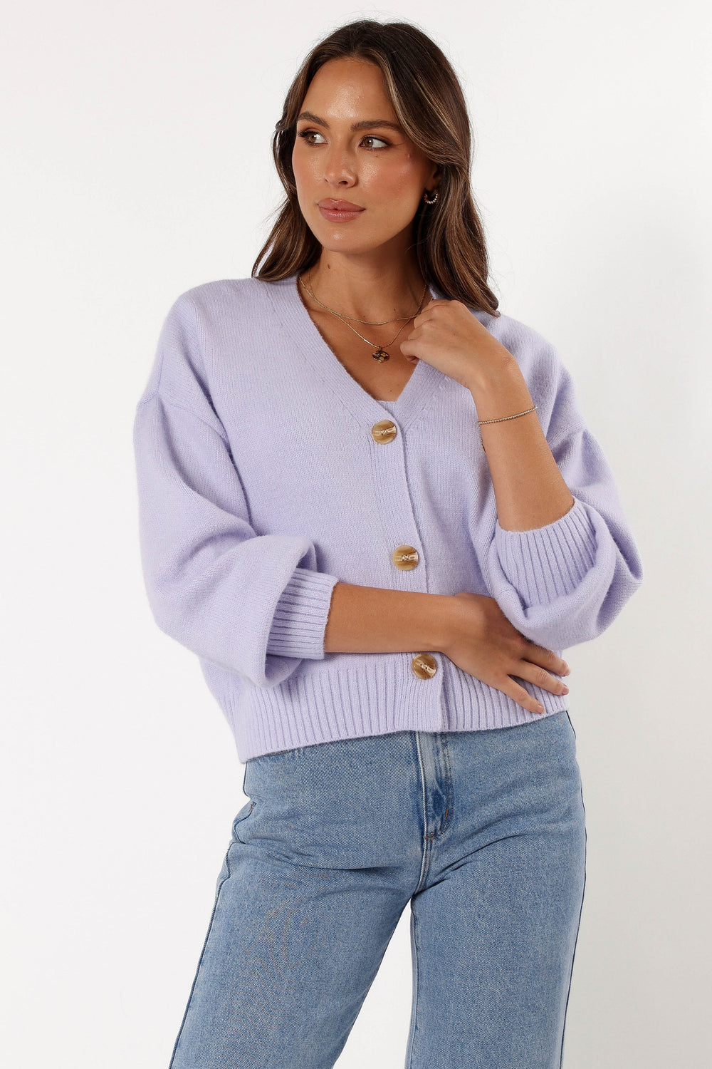 KNITWEAR @Isabel Button Front Cardigan - Lilac (Hold for Cool Beginnings)