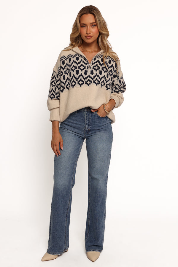 KNITWEAR Jethro Quarter Zip Fairisle Knit Sweater - Cream/Navy