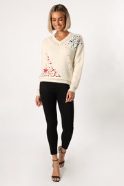 KNITWEAR @Journee Jewel Embellished V Neck Knit Sweater - Cream