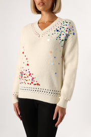KNITWEAR @Journee Jewel Embellished V Neck Knit Sweater - Cream