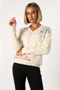 KNITWEAR @Journee Jewel Embellished V Neck Knit Sweater - Cream