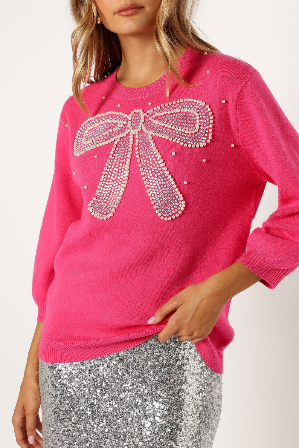 KNITWEAR @June Embellished Bow Knit Sweater - Hot Pink