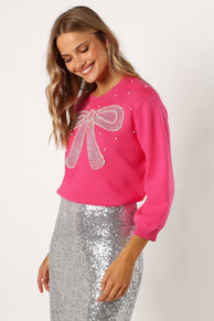KNITWEAR @June Embellished Bow Knit Sweater - Hot Pink