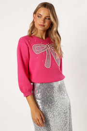 KNITWEAR @June Embellished Bow Knit Sweater - Hot Pink