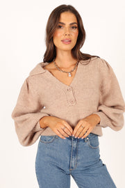 Knitwear @Kahlani Button Front Knit Sweater - Beige