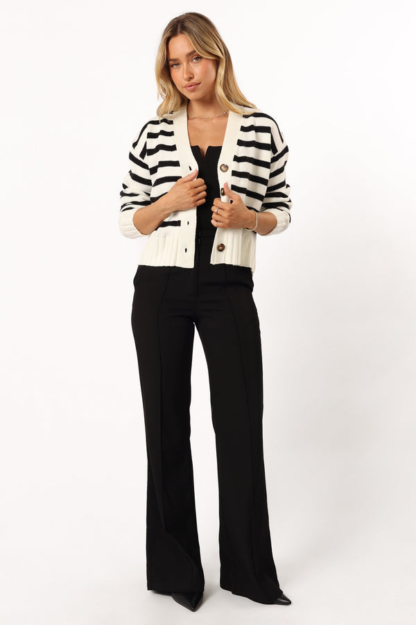 KNITWEAR @Kallen Button Front Striped Cardigan - Cream/Black (Hold for Winter Essentials)