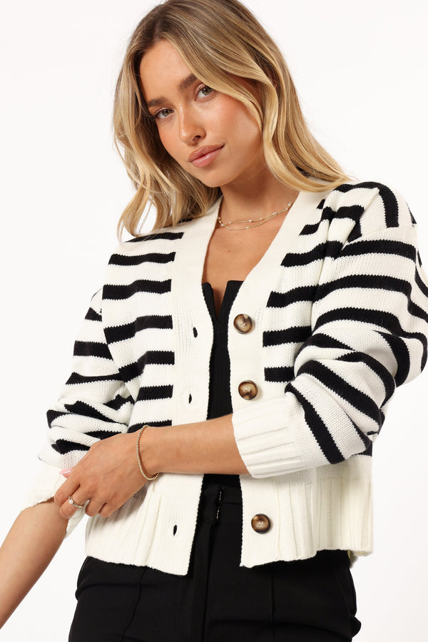 KNITWEAR @Kallen Button Front Striped Cardigan - Cream/Black (Hold for Winter Essentials)