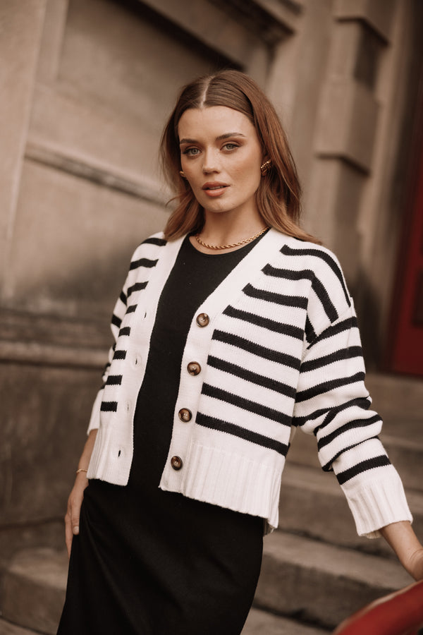 KNITWEAR @Kallen Button Front Striped Cardigan - Cream/Black (Hold for Winter Essentials)