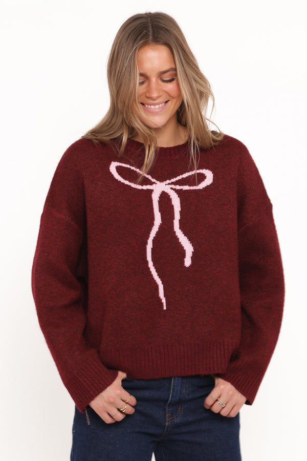 KNITWEAR Kaori Bow Sweater - Burgundy
