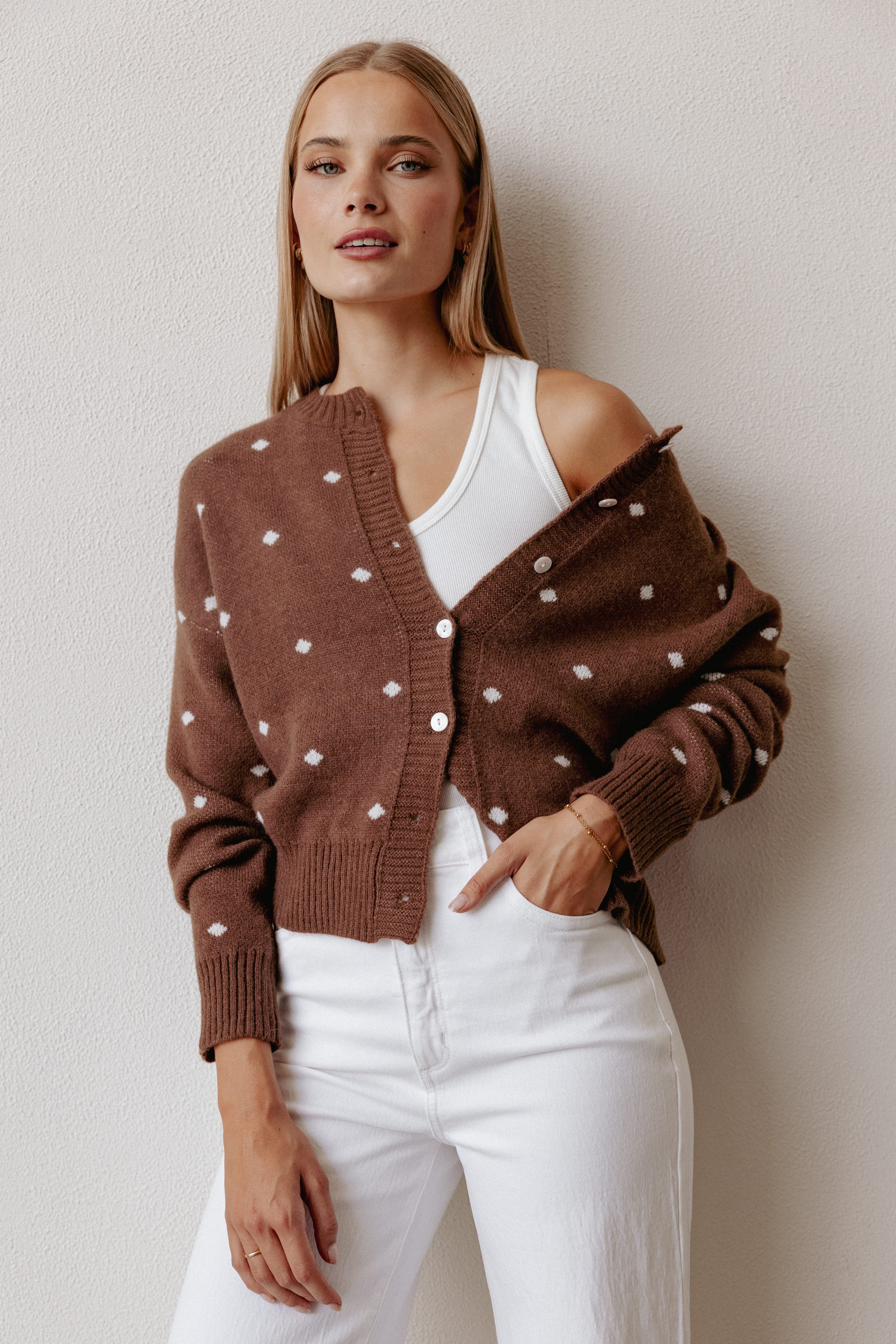 Karia Polka Dot Cardigan - Brown | Petal & Pup