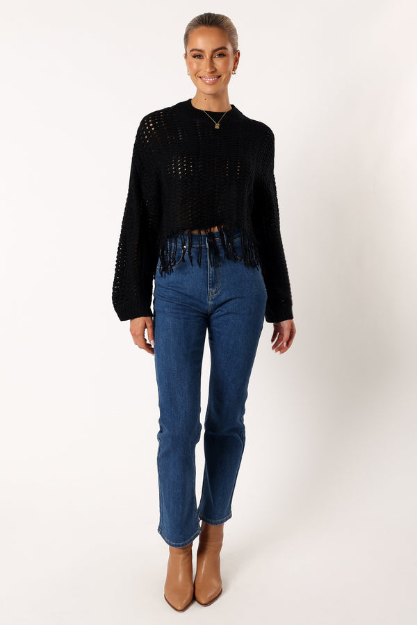 KNITWEAR @Katalina Fringe Crop Knit Sweater - Black