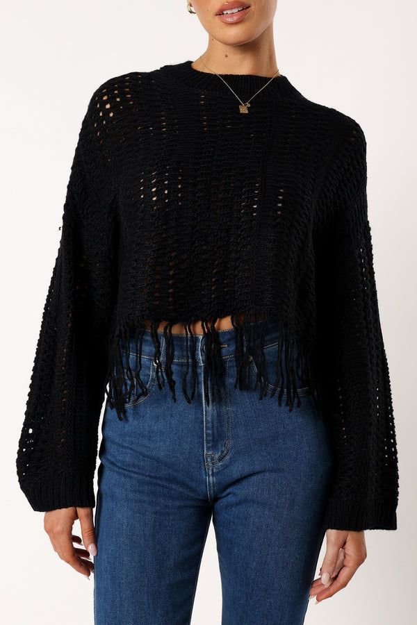 KNITWEAR @Katalina Fringe Crop Knit Sweater - Black