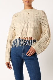 KNITWEAR @Katalina Fringe Crop Knit Sweater - Cream