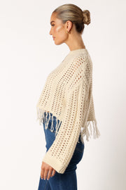 KNITWEAR @Katalina Fringe Crop Knit Sweater - Cream
