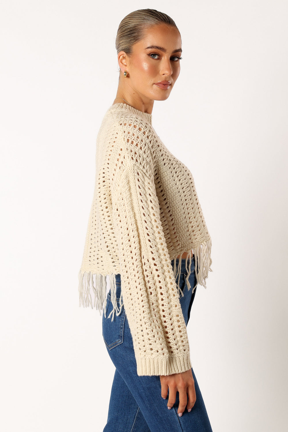KNITWEAR @Katalina Fringe Crop Knit Sweater - Cream