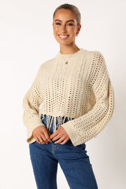 KNITWEAR @Katalina Fringe Crop Knit Sweater - Cream