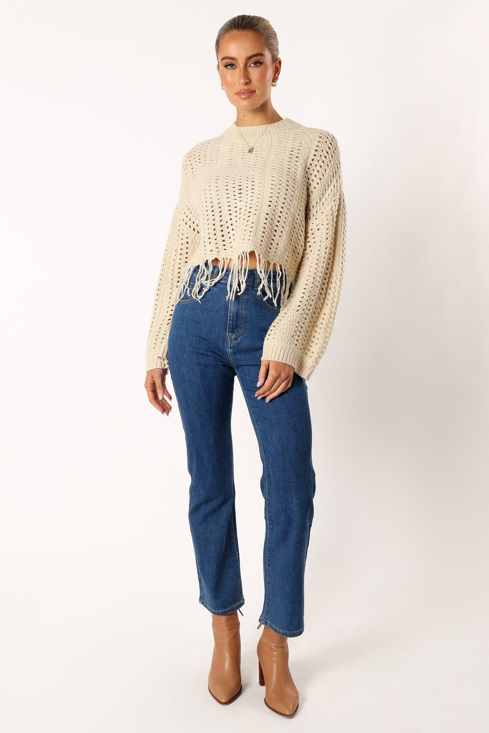 KNITWEAR @Katalina Fringe Crop Knit Sweater - Cream