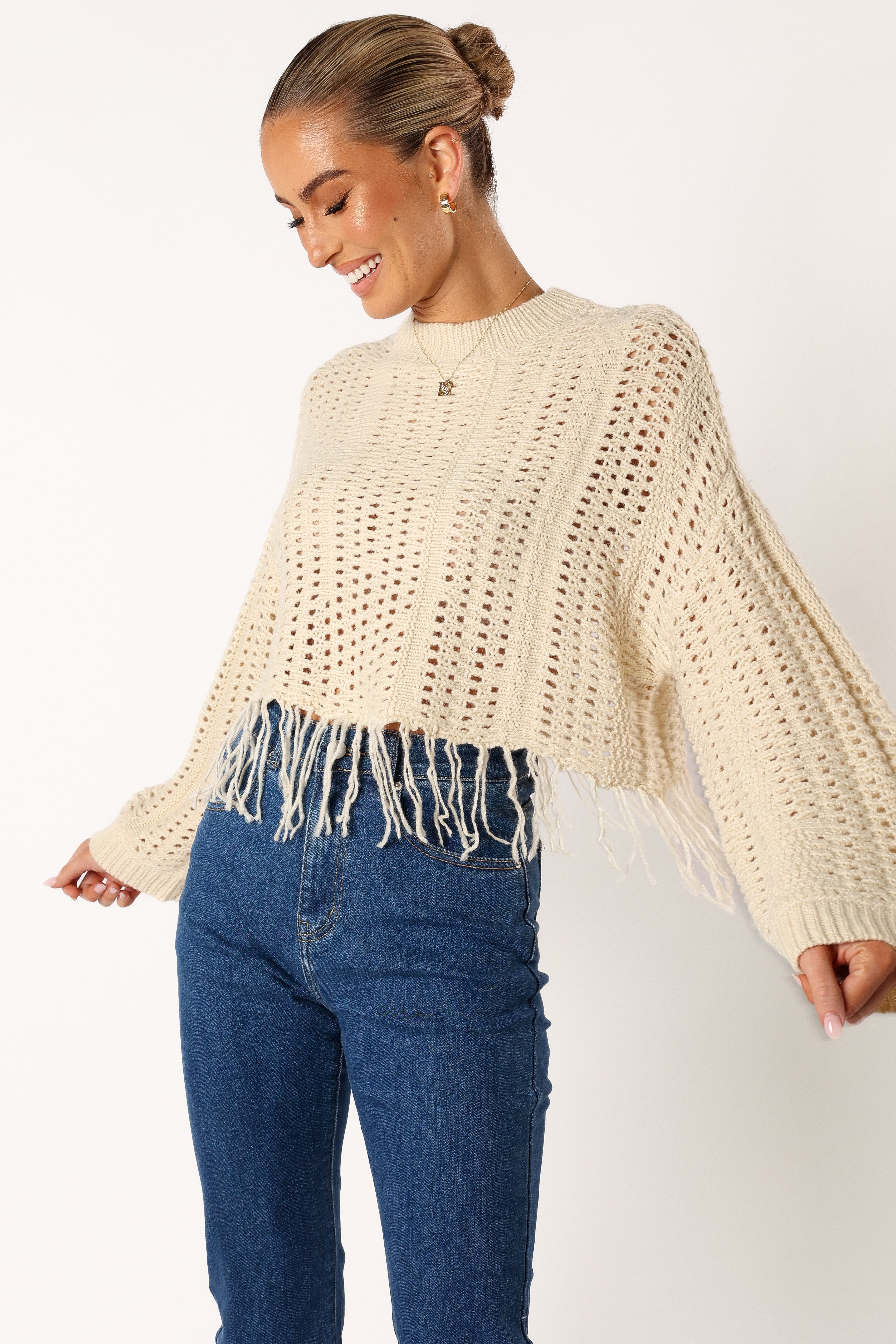 Katalina Fringe Crop Knit Sweater - Cream | Petal & Pup