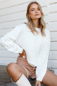 KNITWEAR Katrina Textured Sleeve Crewneck Knit Sweater - White