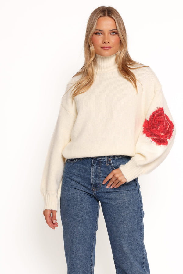 KNITWEAR Kelso Flower Embroidery Knit Sweater - Cream