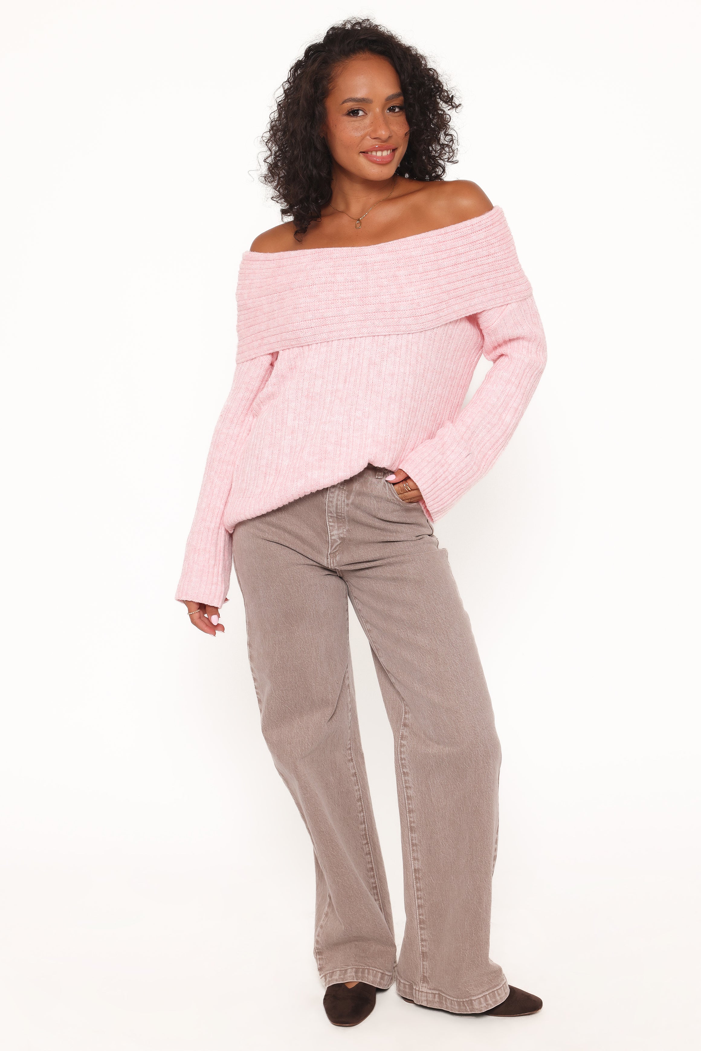KNITWEAR Kenny Off Shoulder Knit Sweater - Light Pink