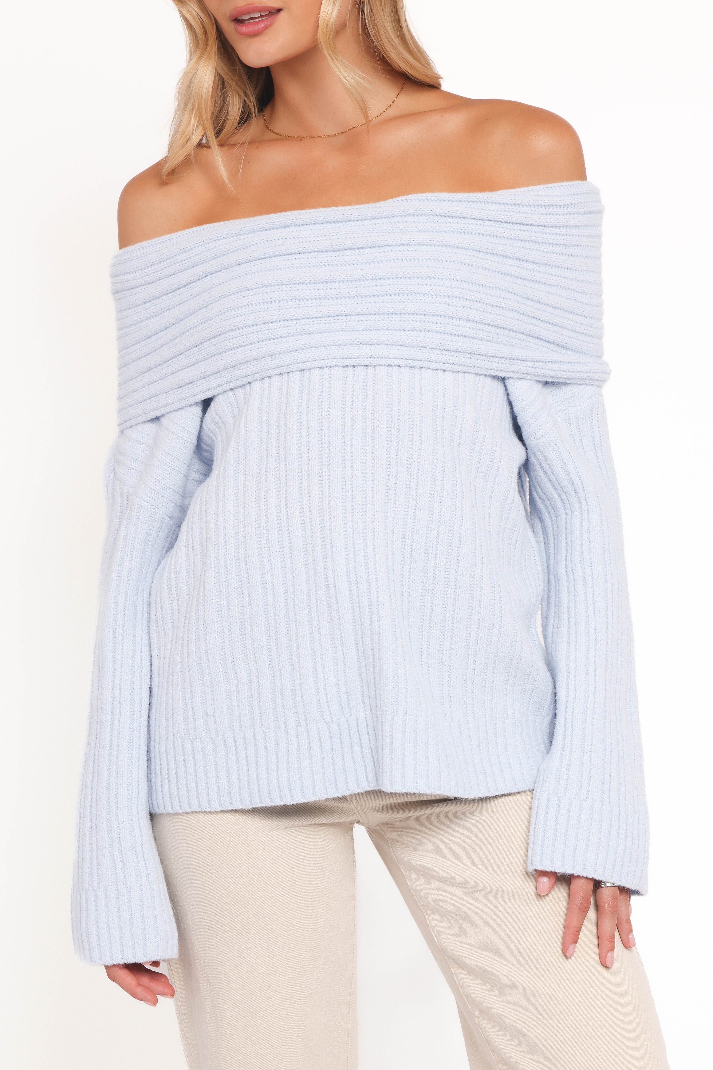 KNITWEAR Kenny Off Shoulder Knit Sweater - Pale Blue