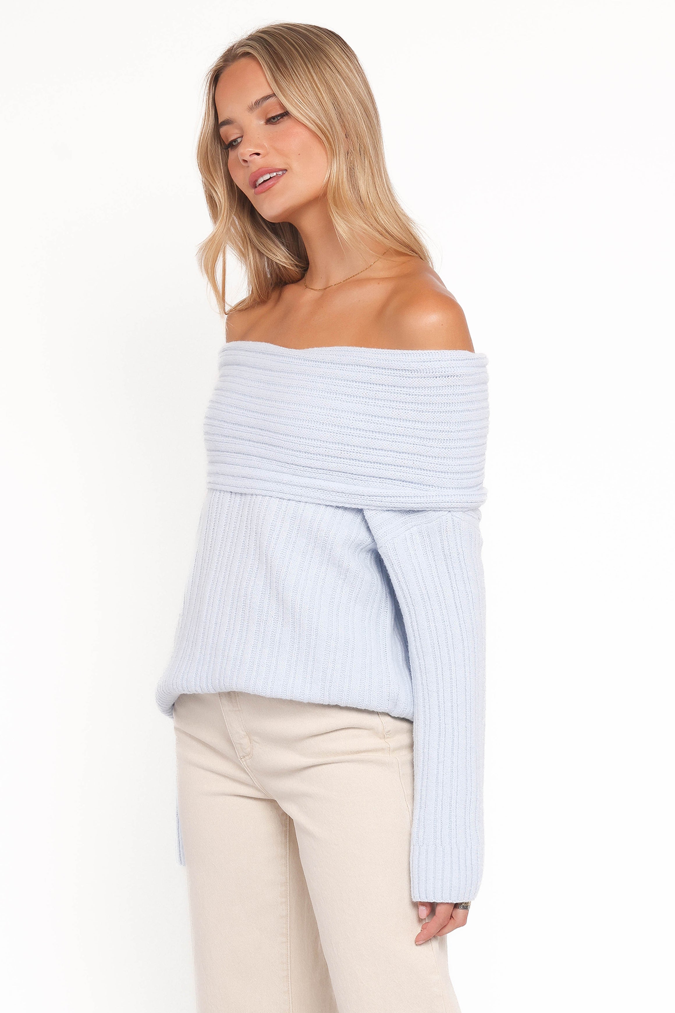KNITWEAR Kenny Off Shoulder Knit Sweater - Pale Blue