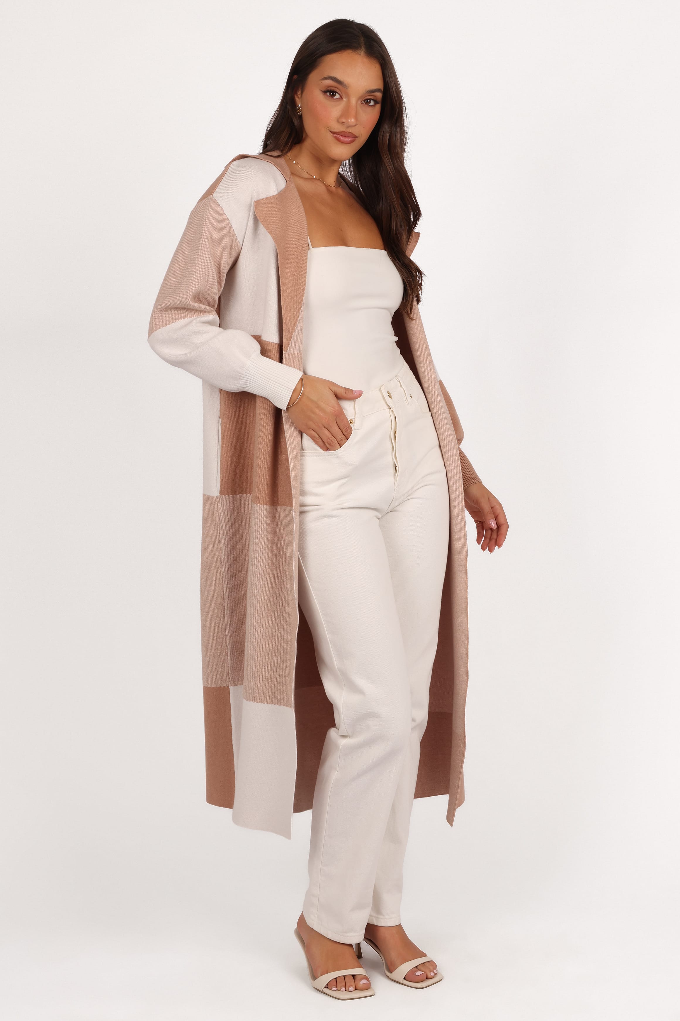 KNITWEAR Kingston Large Check Long Cardigan - Beige Check