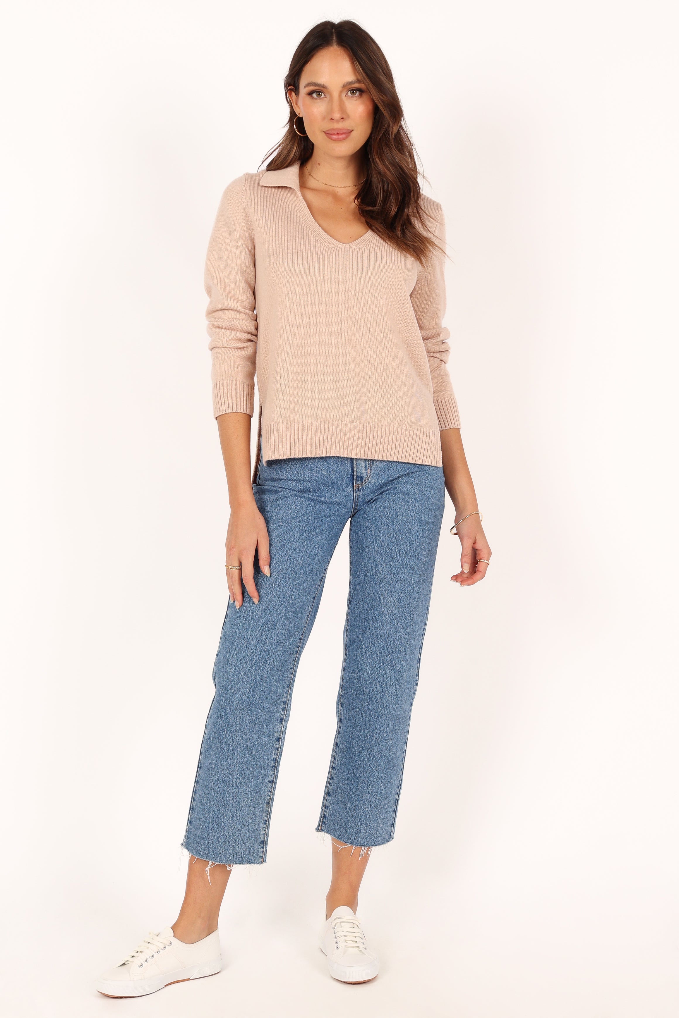 KNITWEAR @Kinsley Vneck Collar Knit Sweater - Beige