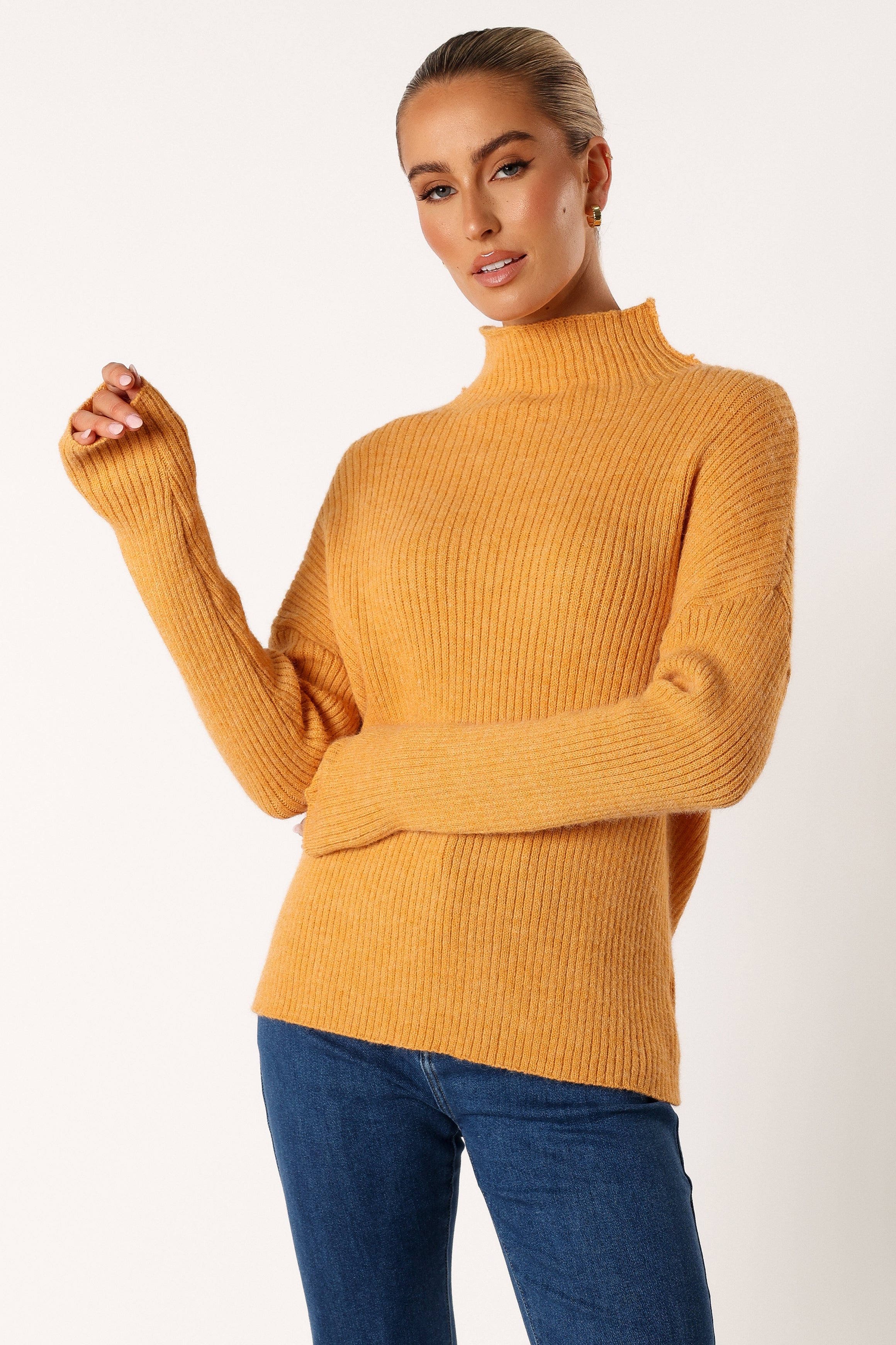 KNITWEAR @Kora Mock Neck Knit Sweater - Camel