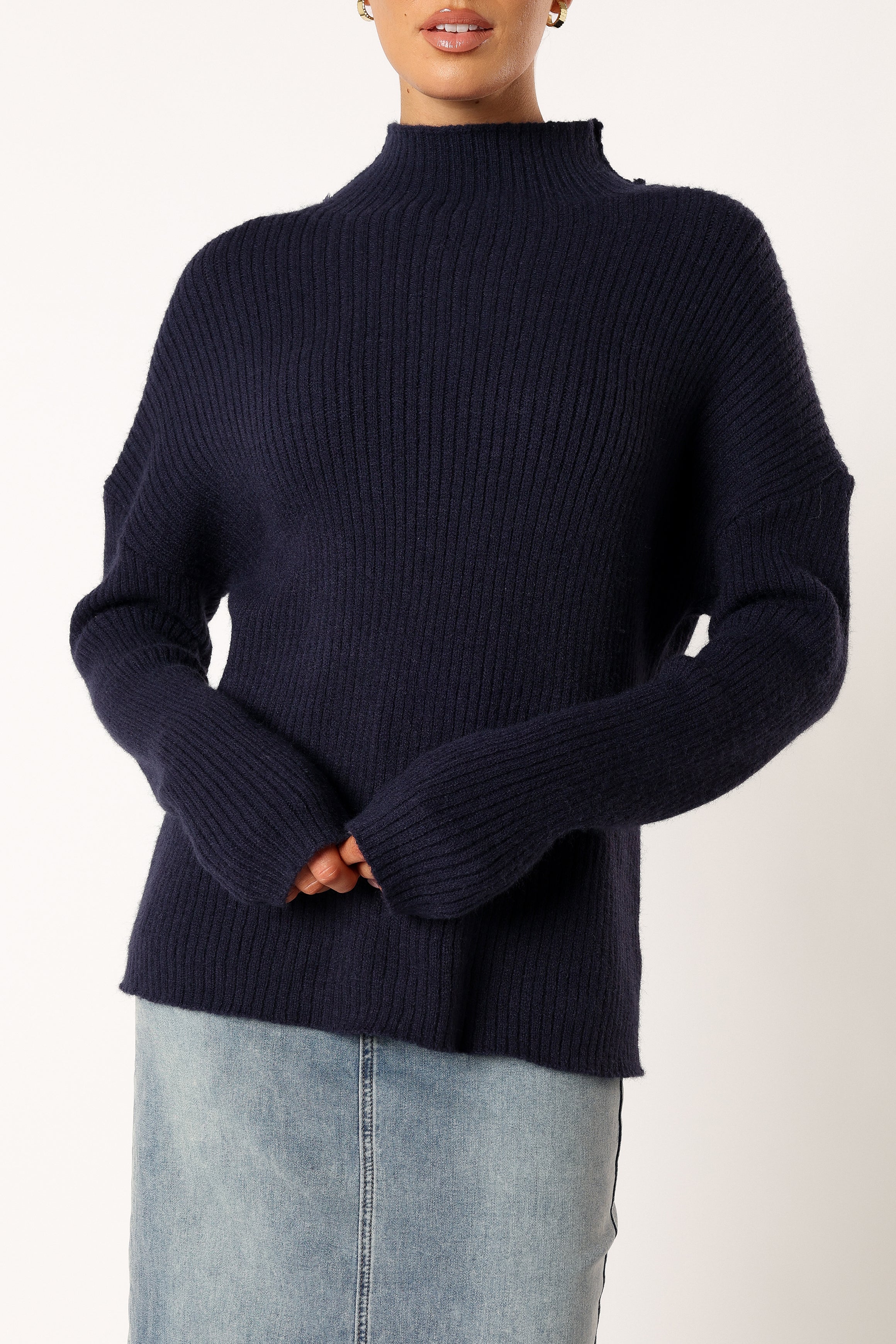 KNITWEAR @Kora Mock Neck Knit Sweater - Navy