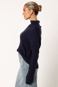 KNITWEAR @Kora Mock Neck Knit Sweater - Navy