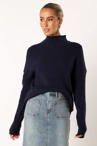 KNITWEAR @Kora Mock Neck Knit Sweater - Navy