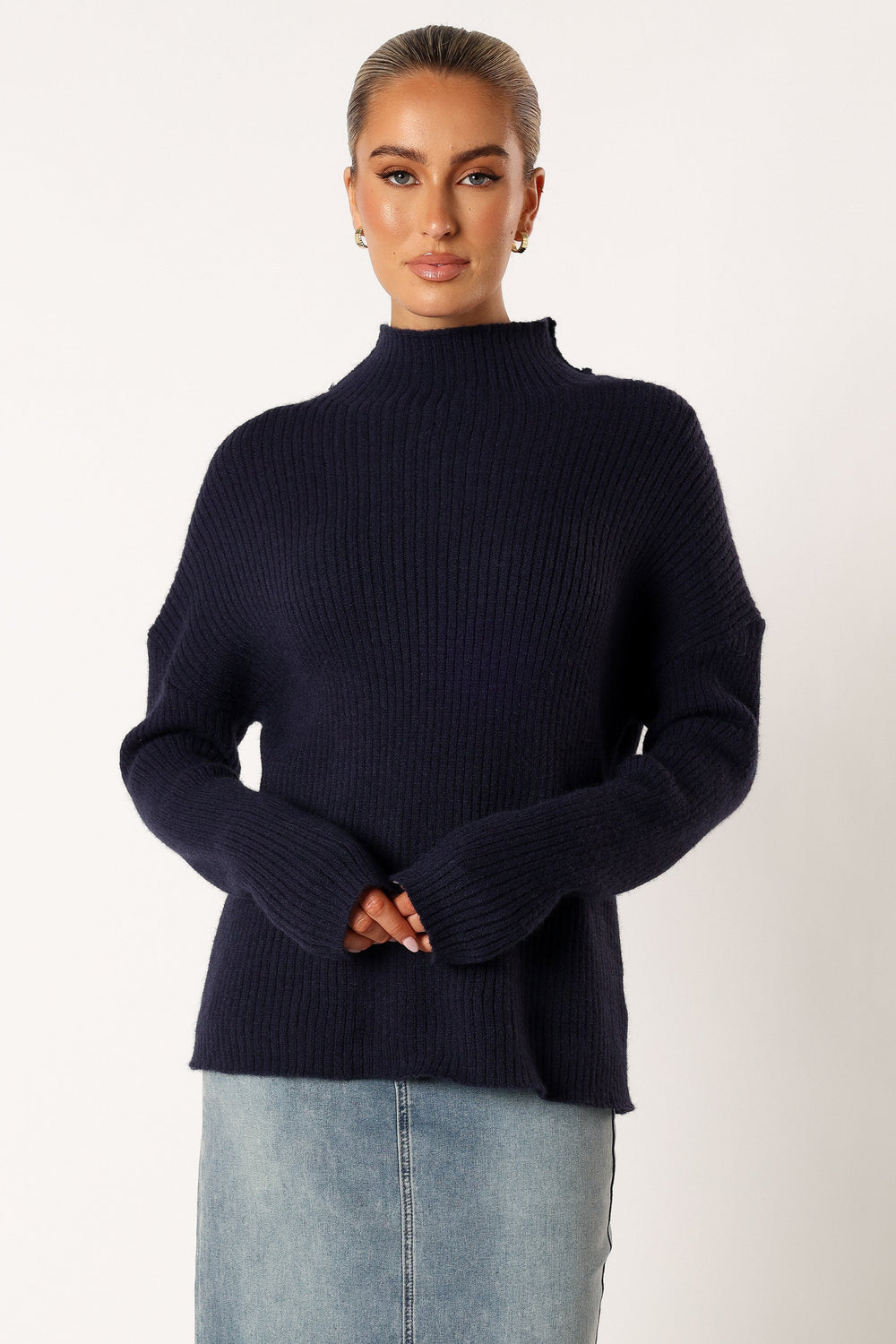 KNITWEAR @Kora Mock Neck Knit Sweater - Navy