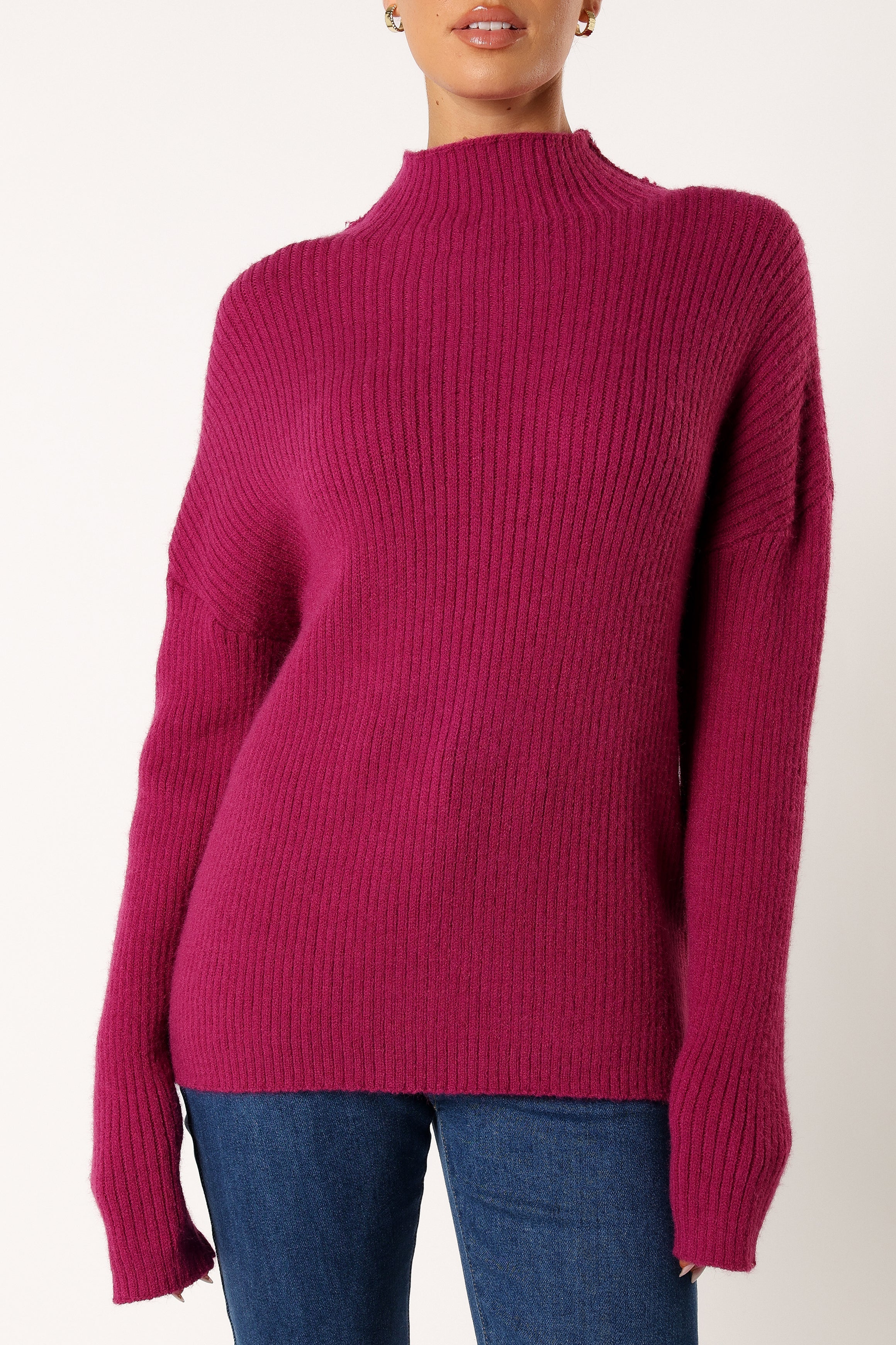KNITWEAR @Kora Mock Neck Knit Sweater - Plum