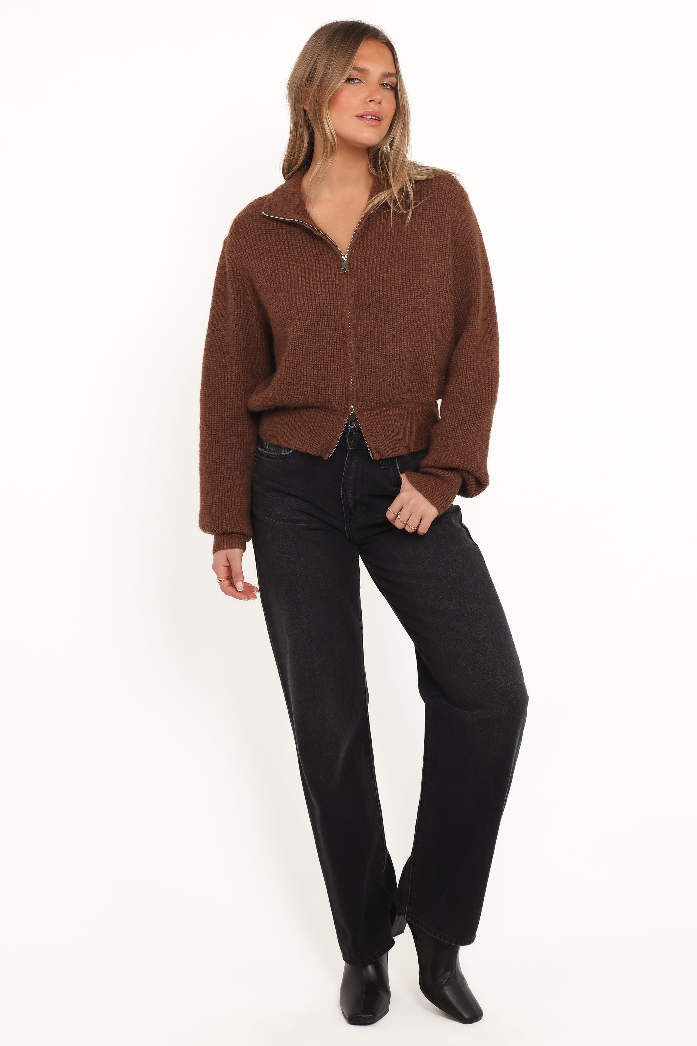 THEREDTHREAD flame zip knit tops ブラウン Kourtney Zip Cardigan - Brown | Petal & Pup