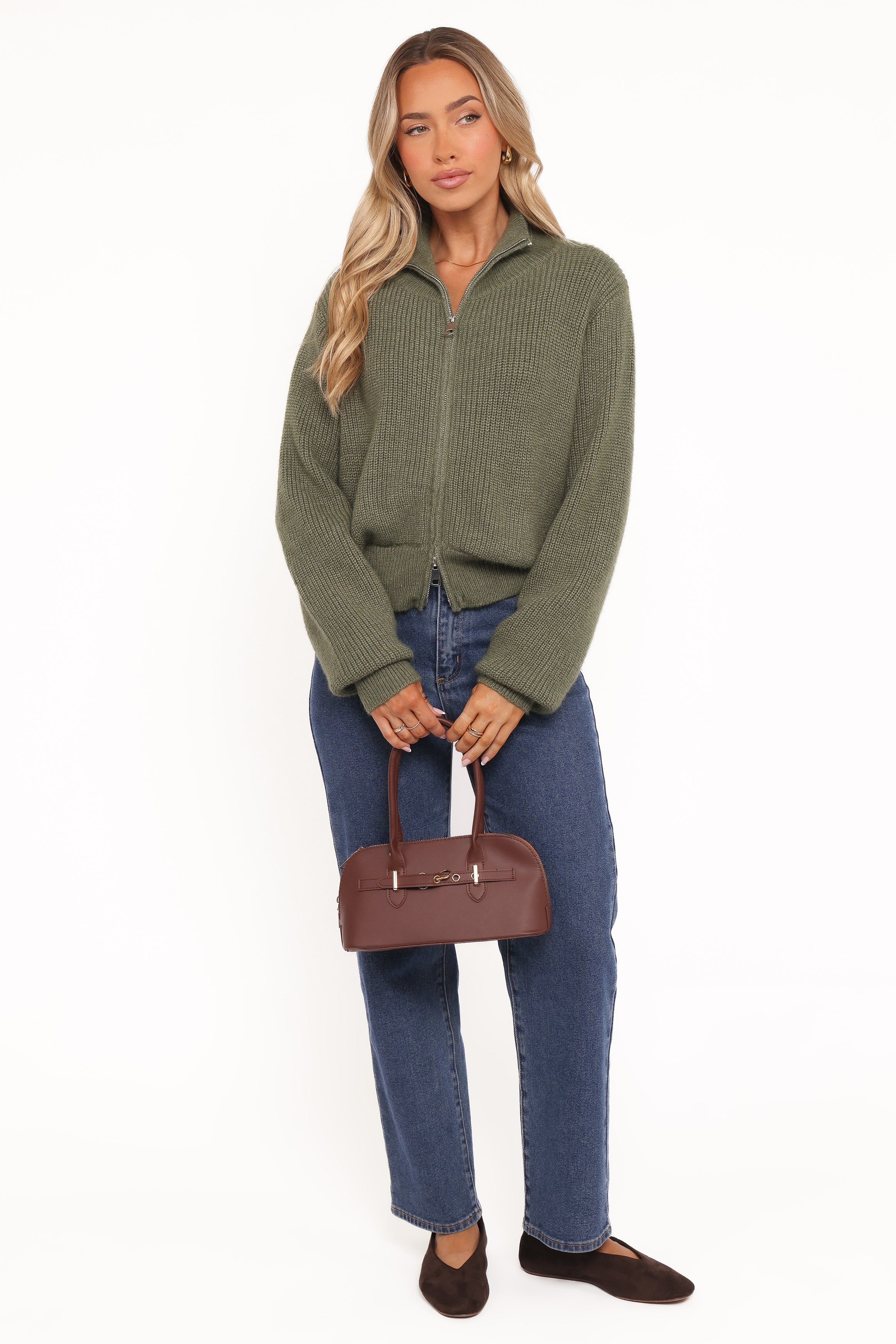 KNITWEAR Kourtney Zip Cardigan - Olive