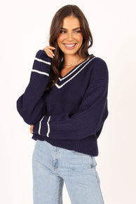 Knitwear @Leanna Vneck Knit Sweater - Navy