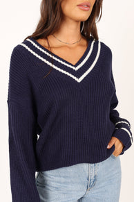 Knitwear @Leanna Vneck Knit Sweater - Navy