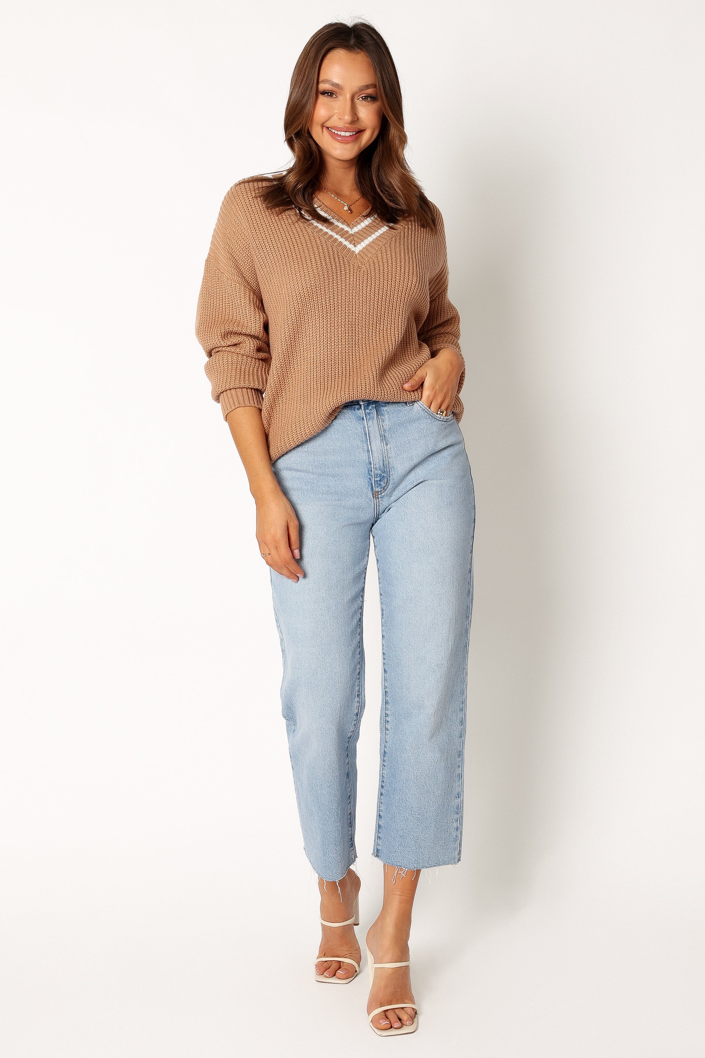 KNITWEAR @Leanna Vneck Knit Sweater - Taupe