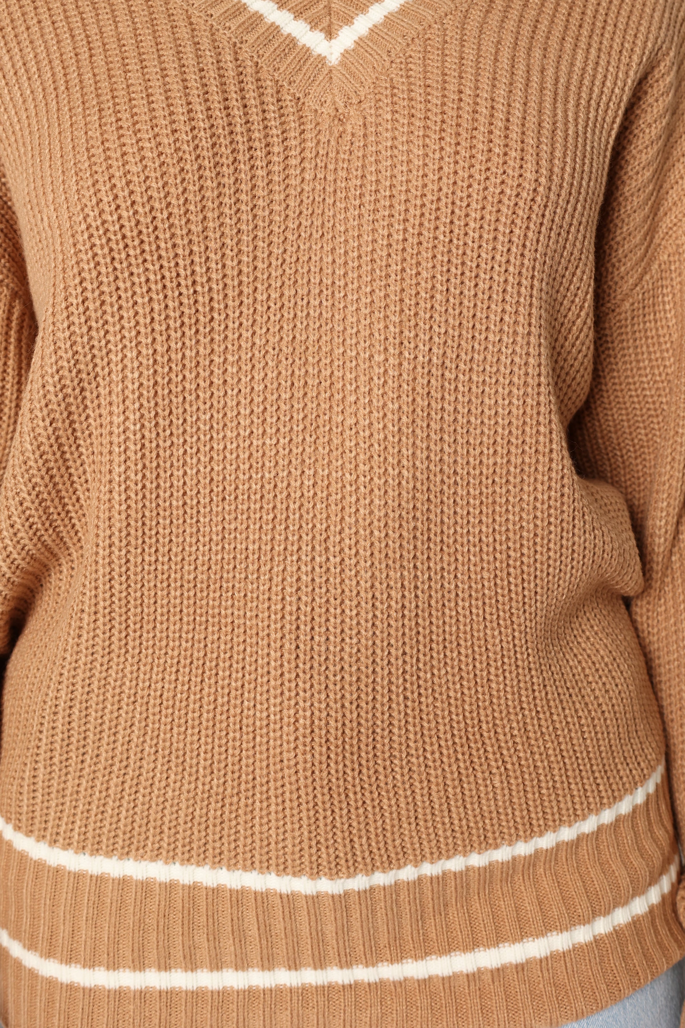 KNITWEAR @Leanna Vneck Knit Sweater - Taupe