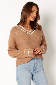 KNITWEAR @Leanna Vneck Knit Sweater - Taupe