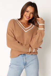 KNITWEAR @Leanna Vneck Knit Sweater - Taupe