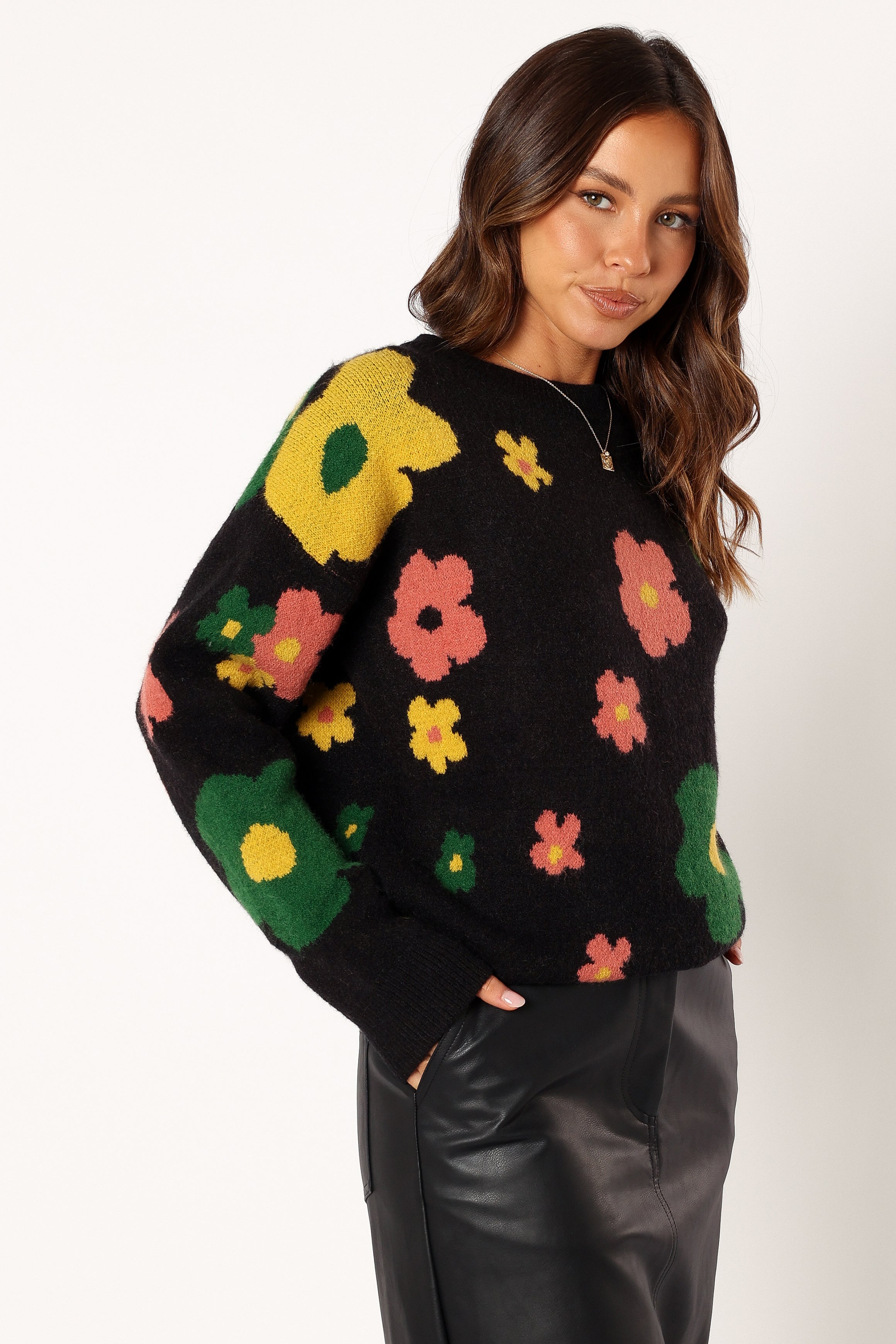 KNITWEAR @Lexie Multi Color Flower Knit Sweater - Black Multi
