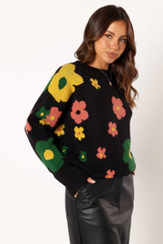 KNITWEAR @Lexie Multi Color Flower Knit Sweater - Black Multi