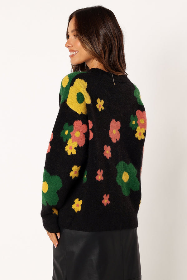 KNITWEAR @Lexie Multi Color Flower Knit Sweater - Black Multi