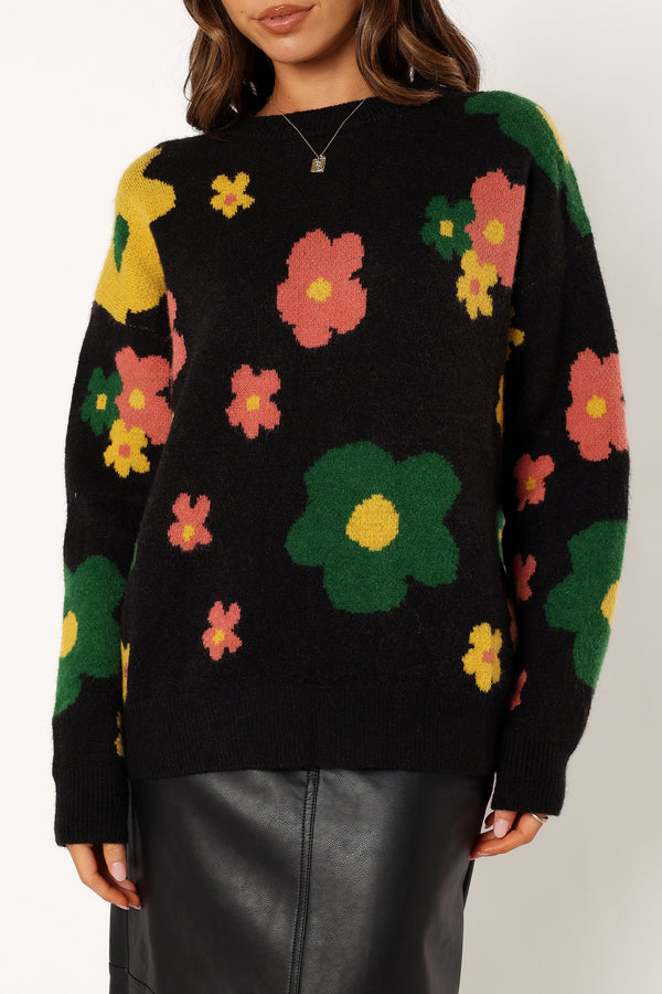 KNITWEAR @Lexie Multi Color Flower Knit Sweater - Black Multi