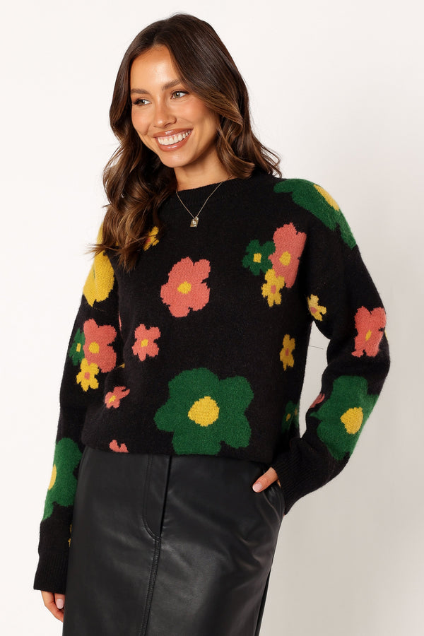 KNITWEAR @Lexie Multi Color Flower Knit Sweater - Black Multi